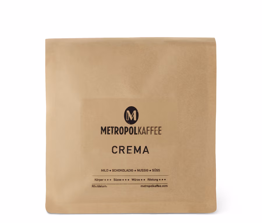 Eine Packung METROPOL KAFFEE - CREMA - 500 g Ganze Bohne. Die Packung ist braun.