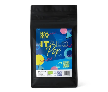Schwarze Packung BIO KR Italo Pop ES/CC 1000g WB Kaffee mit farbigem Design.