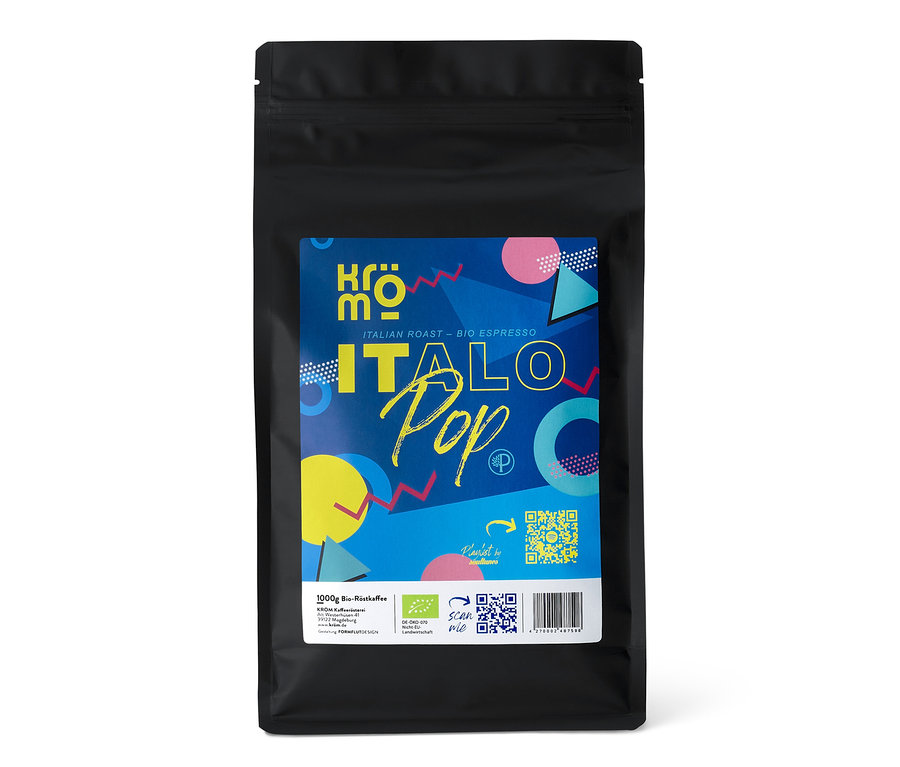 Schwarze Packung BIO KR Italo Pop ES/CC 1000g WB Kaffee mit farbigem Design.