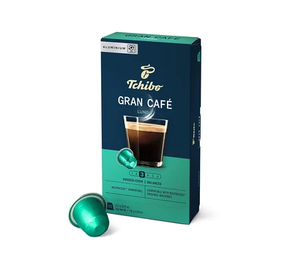 Packung Tchibo Gran Café Lungo Kapseln und eine Kapsel.
