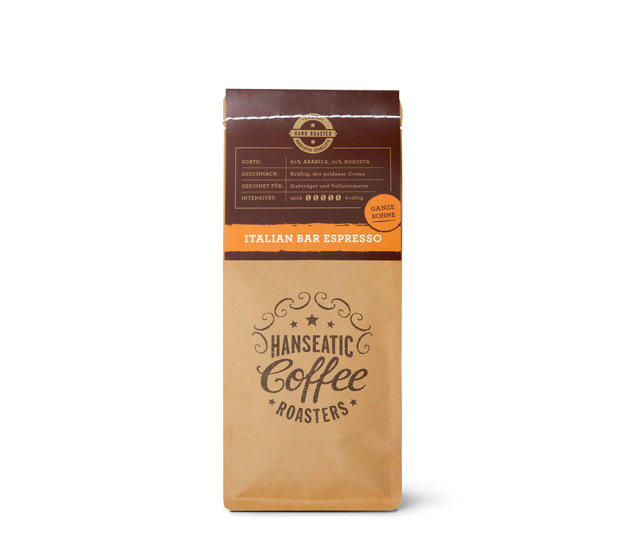 Eine Packung Hanseatic - Italian Bar Espresso - 250 g Ganze Bohne.