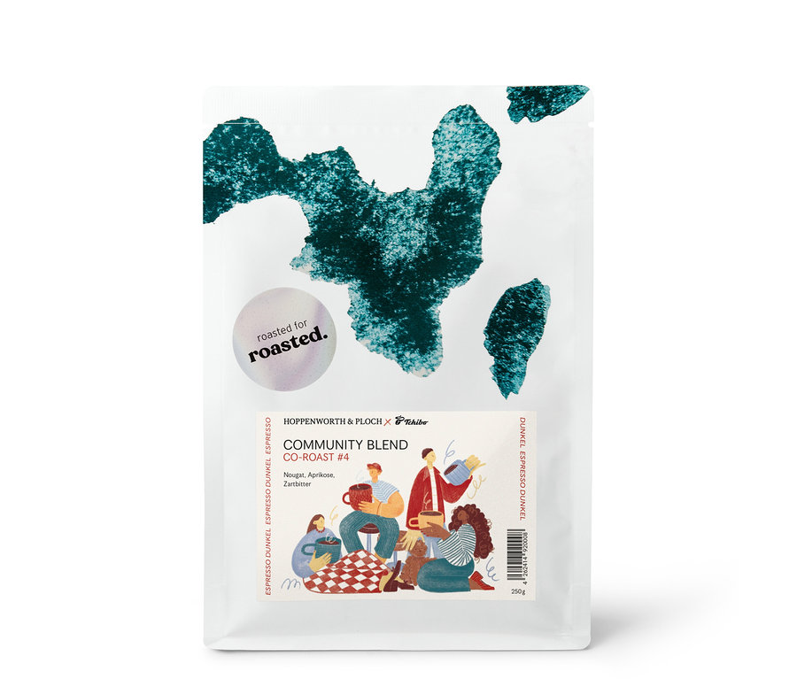 Eine Packung Hoppenworth & Ploch Community Blend Co-Roast #4 Kaffee mit Illustrationen von Menschen, Nougat-, Aprikosen- und Zartbitter-Aromen.
