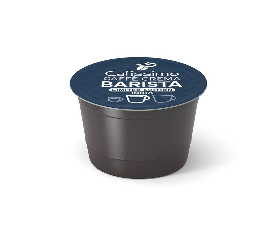 Eine einzelne dunkelgraue Cafissimo BARISTA Caffè Crema India Kaffeekapsel mit dunkelblauem Deckel, weißem Text und Kaffeetassensymbolen.