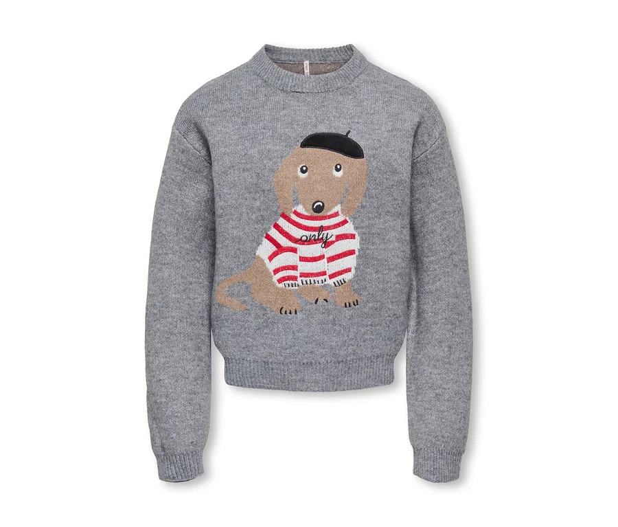 Grauer Pullover mit Dackel-Motiv, der ein rot-weiß gestreiftes Shirt mit "only" und eine schwarze Baskenmütze trägt.