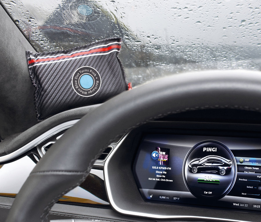 Im Auto liegt ein Pingi-Auto-Luftentfeuchterkissen auf dem Armaturenbrett.