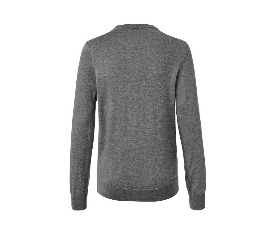 Rückansicht eines hellgrau melierten Merino-Pullovers und eines grauen Merino-Pullovers mit Rundhalsausschnitt.