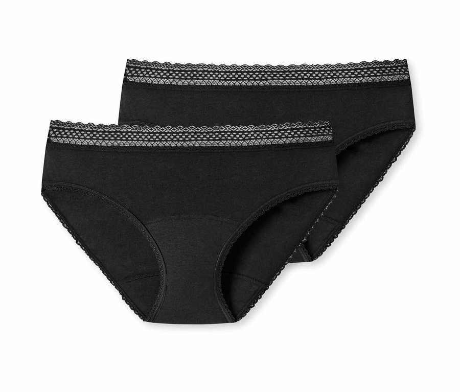 Zwei schwarze SCHIESSER Perioden-Slips mit Spitze am Bund.
