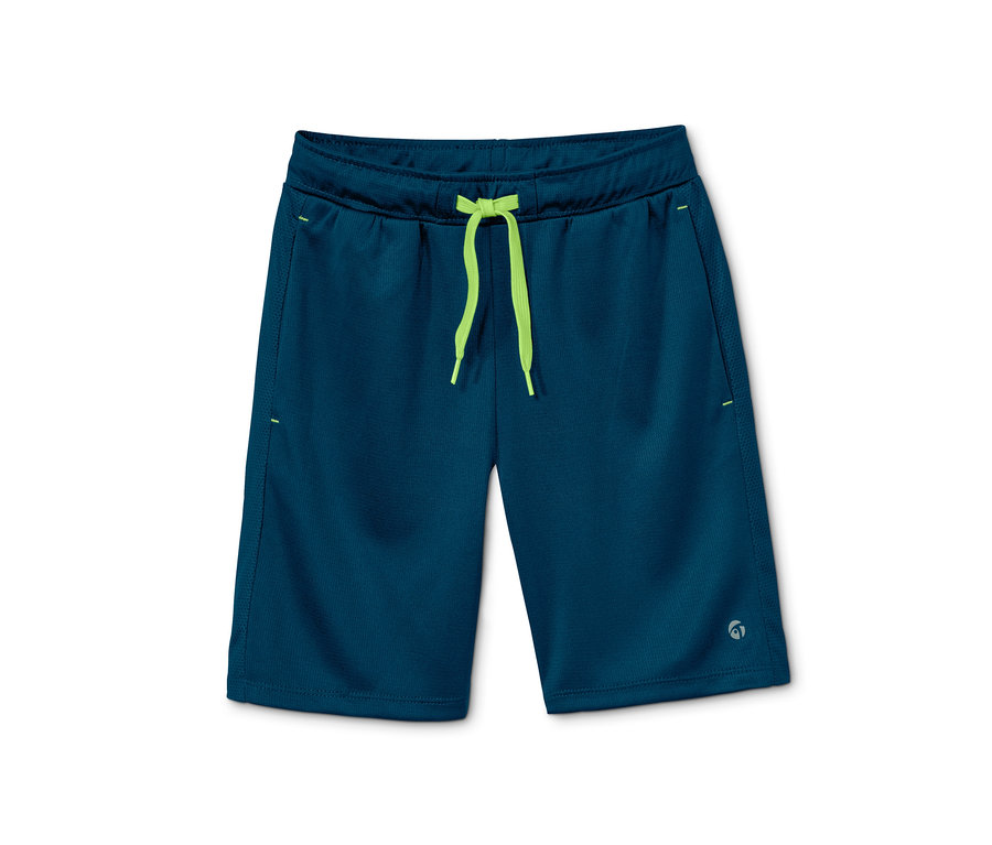 Dunkelblaue Kinder-Sportshorts aus recyceltem Material mit neongrüner Kordel.