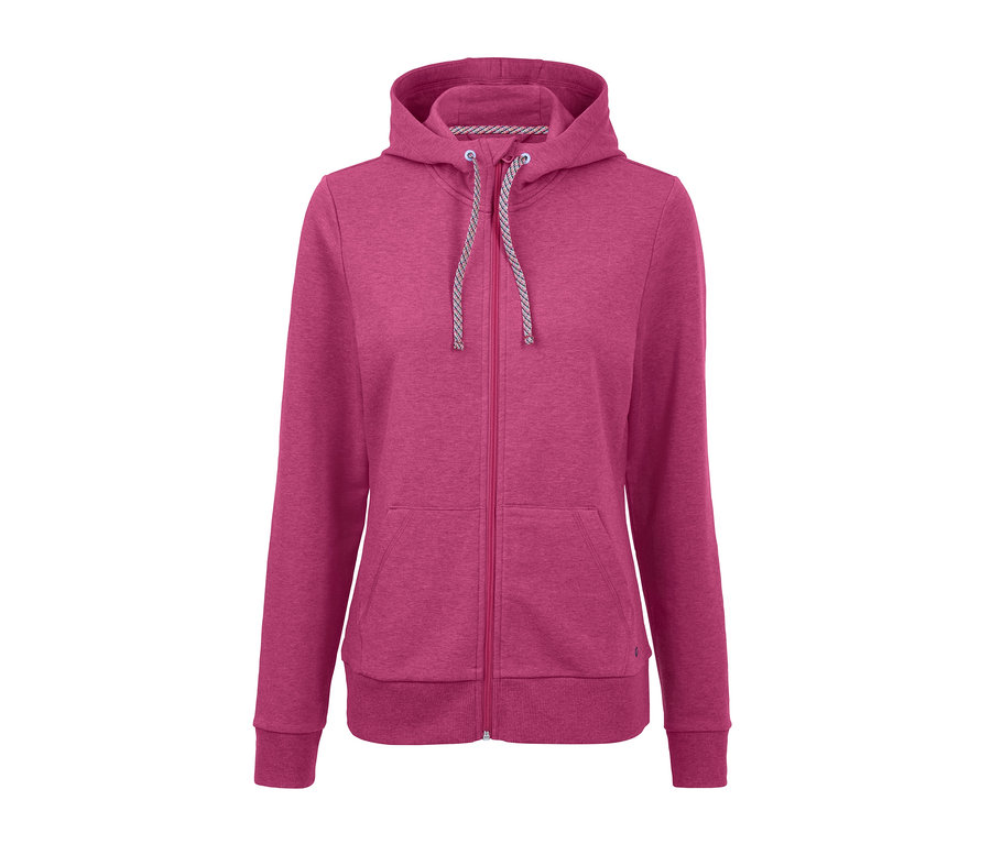 Roséfarbene melierte Sweatjacke mit Kapuze und Reißverschluss in der Mitte.