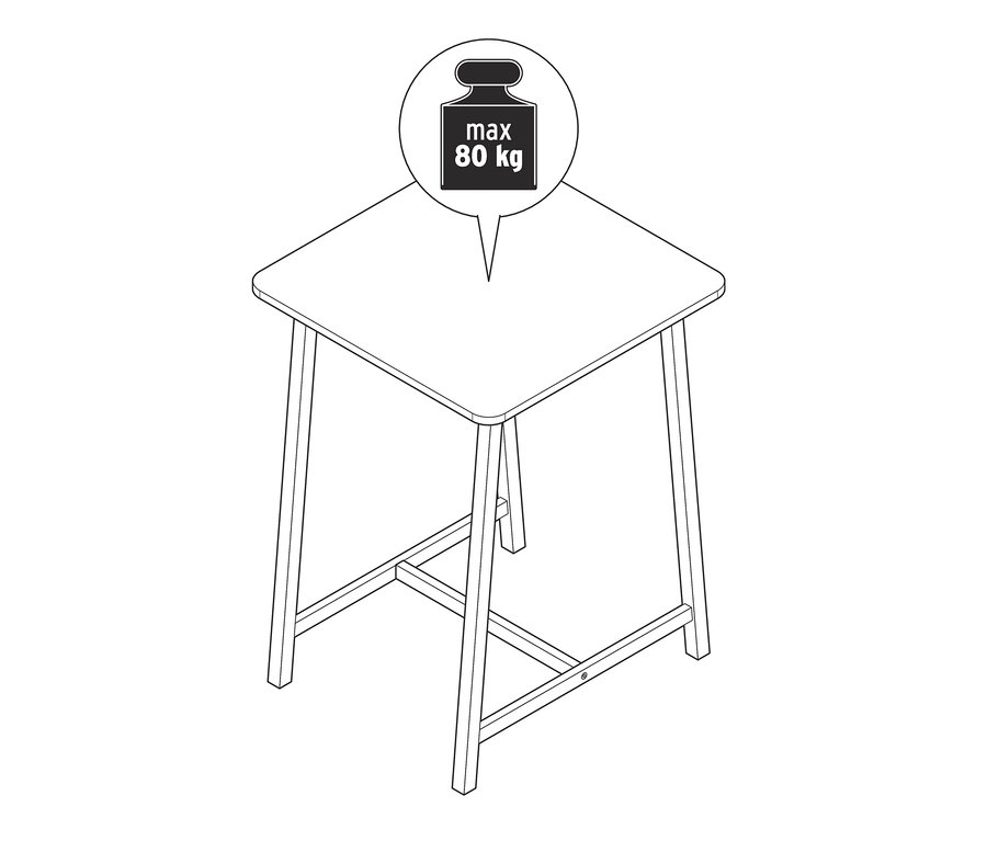 Eine Strichzeichnung eines Bartisches mit einer maximalen Belastbarkeit von 80 kg.