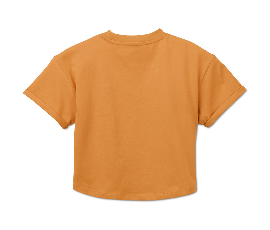 Rückansicht eines senfgelben, verkürzten T-Shirts. 2 Cropped-T-Shirts.