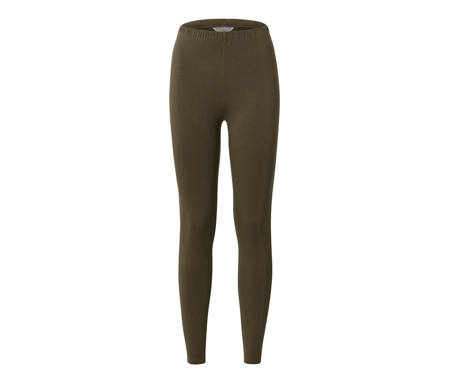 Eine khaki-farbene Leggings mit Paspelierung auf weißem Hintergrund.
