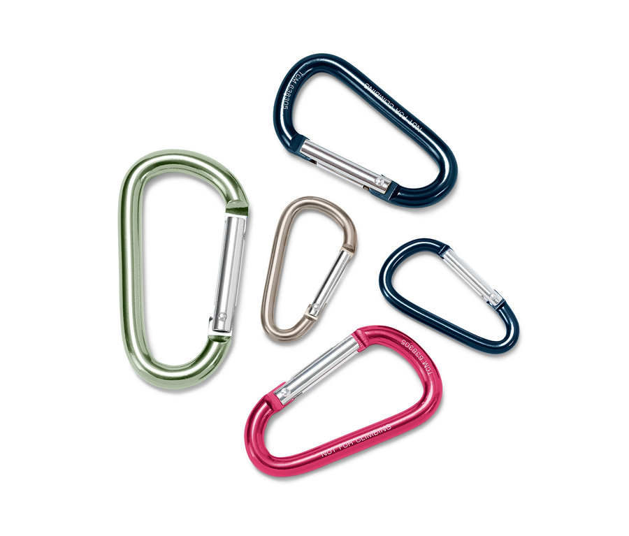 Fünf Karabinerhaken in verschiedenen Farben (grün, grau, pink und zwei blaue) liegen auf einem weißen Hintergrund.