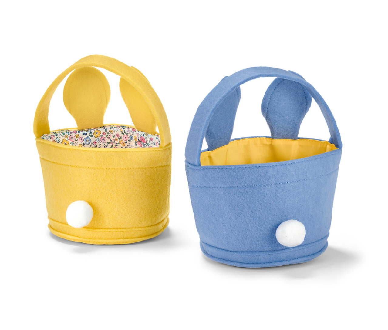 Zwei Osterkörbchen, einer gelb und einer blau, beide mit Ohren und Bommel.