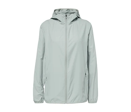Graue, packbare Funktionsjacke mit Reißverschluss in der Mitte.