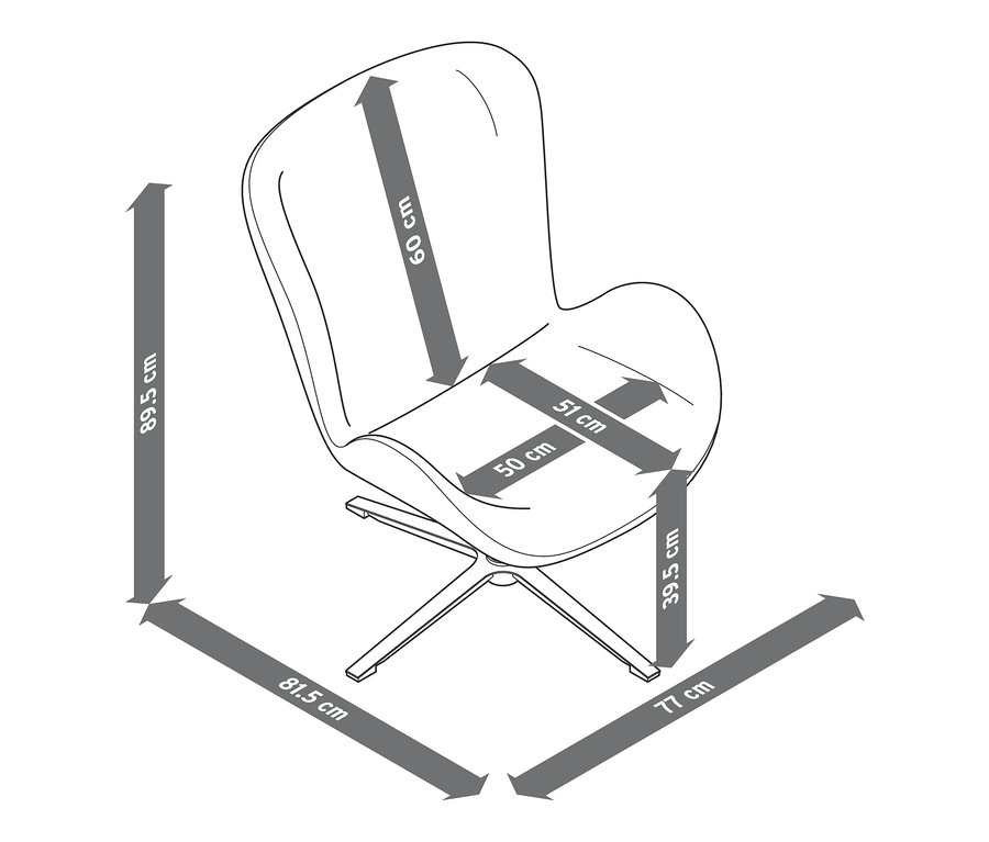 Illustration eines Sessels mit Drehfunktion und hervorgehobenen Abmessungen.