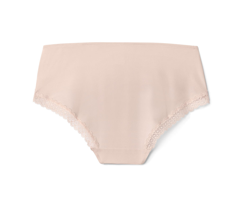 Ein einzelner, cremefarbener Slip mit Spitze.