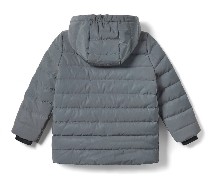 Graue Kinder-Steppjacke. Reflektierende Kinder-Steppjacke mit Kapuze von hinten.