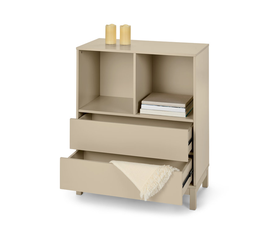 Beige Hochkommode mit 2 Schubladen, offenen Regalen und Büchern.