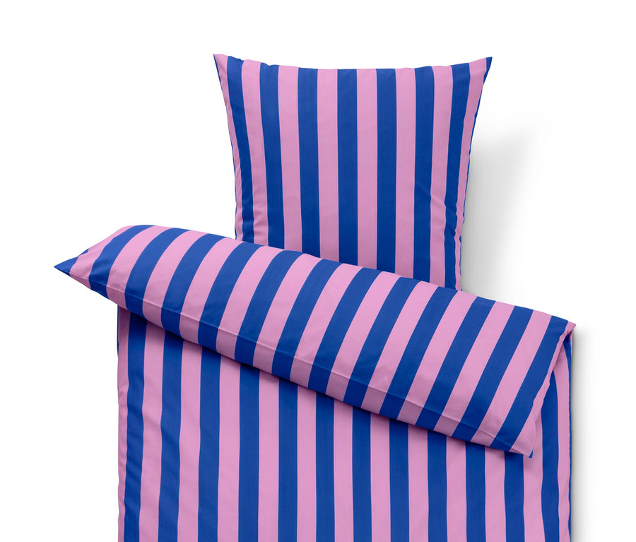Blau-rosa gestreifte Perkal-Bettwäsche in Normal- und Übergröße.