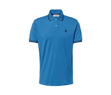 Blaues Piqué-Poloshirt mit kurzen Ärmeln, Kragen und Knopfleiste.