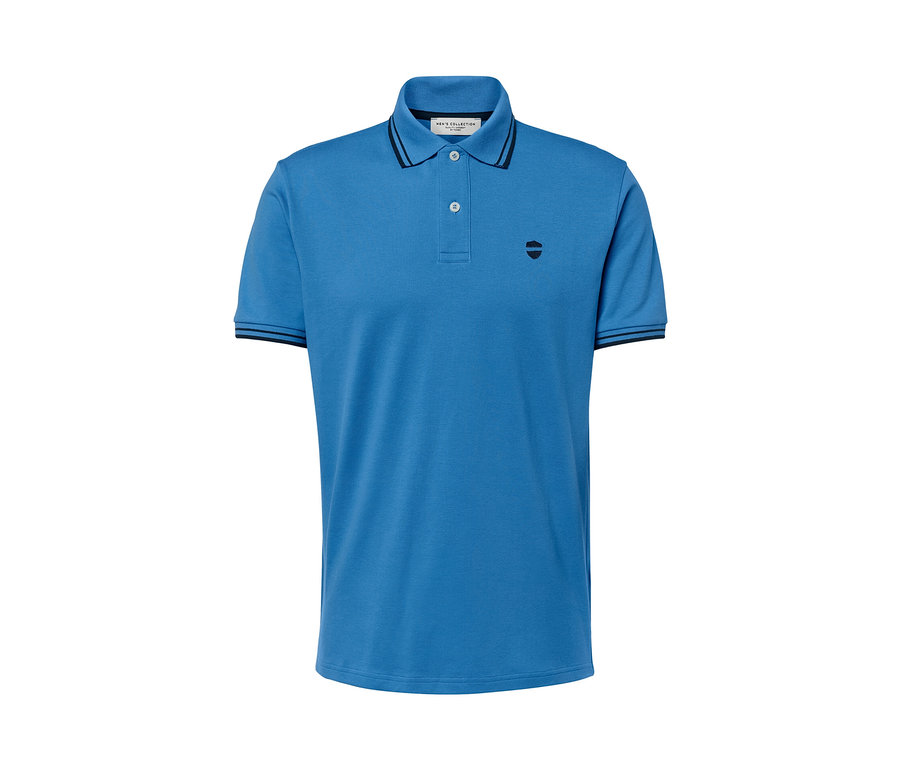 Blaues Piqué-Poloshirt mit kurzen Ärmeln, Kragen und Knopfleiste.