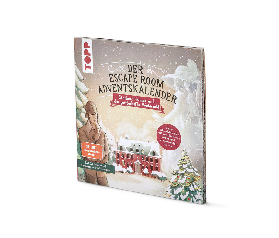 Nahaufnahme des Escape-Adventskalenderbuchs »Sherlock Holmes und die geisterhafte Weihnacht«.