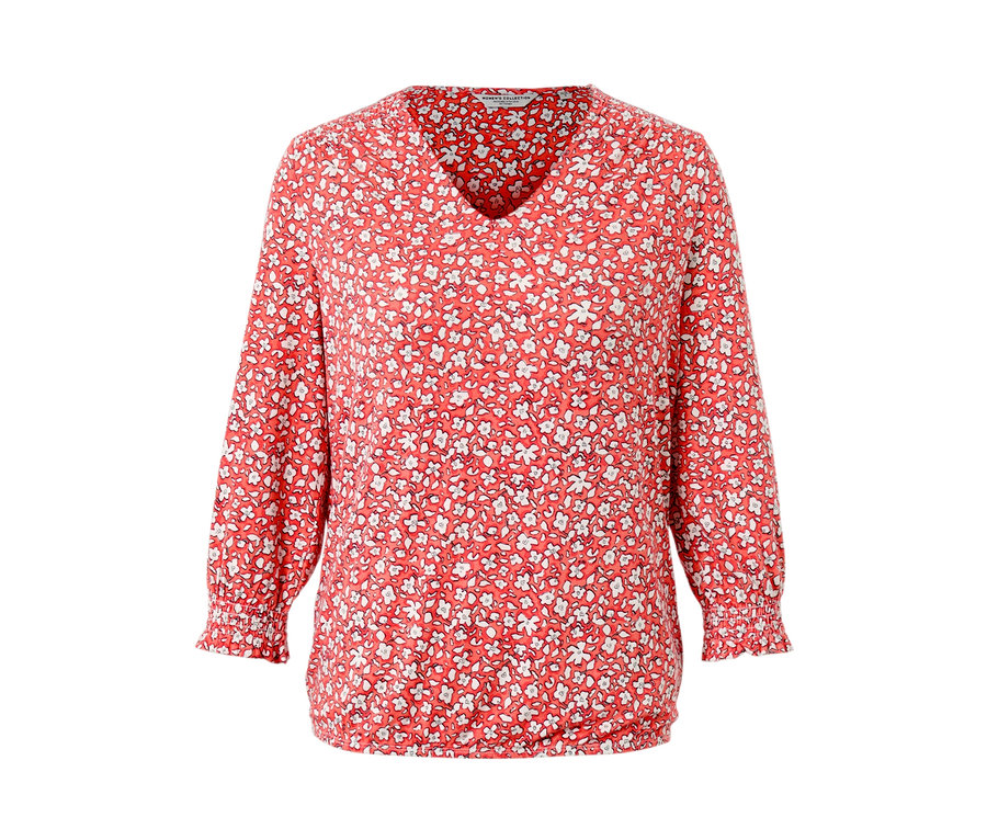 Korallefarbenes, bedrucktes Blusenshirt mit langen Ärmeln und V-Ausschnitt.