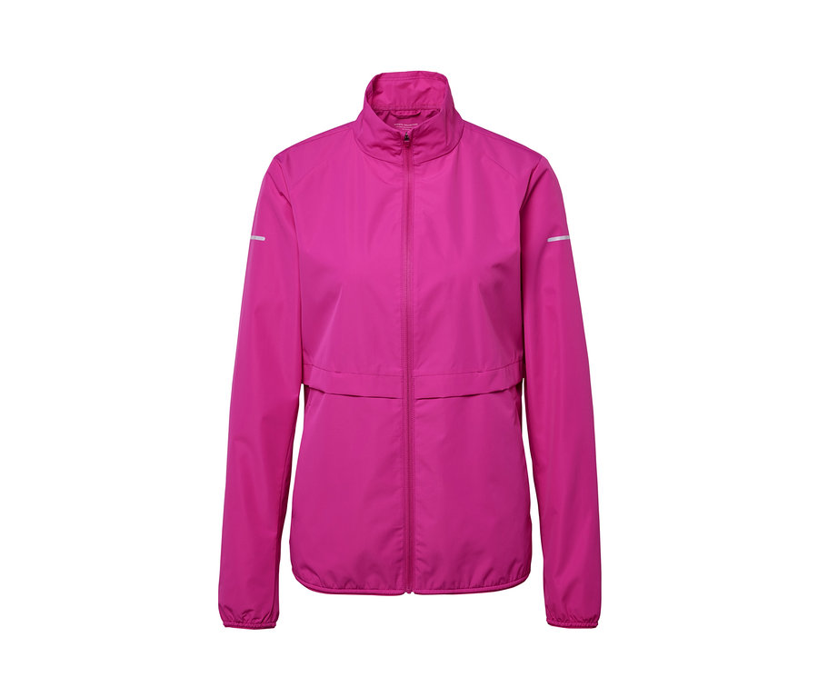 Pinke Windprotection-Laufjacke mit Reißverschluss in der Mitte.
