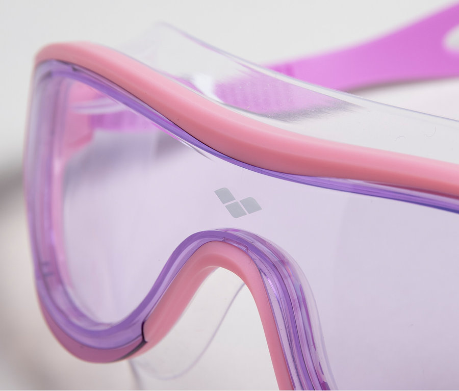 Detailansicht einer arena Junior Kinder-Schwimmbrille The One Mask, pinkfarben, mit klaren Gläsern und pinkfarbenen Rahmen.