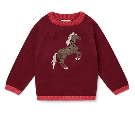 Weinroter Pullover mit braunem Pferd.