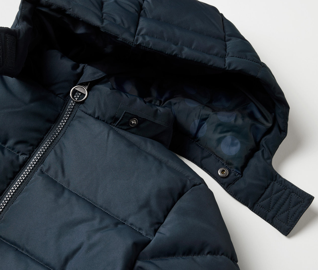 Detailansicht eines Kinder-Thermomantels mit Kapuze und Reißverschluss.