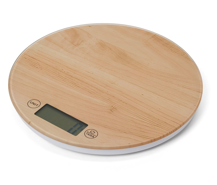 Runde Küchenwaage mit Bambusoberfläche und weißem Rand.