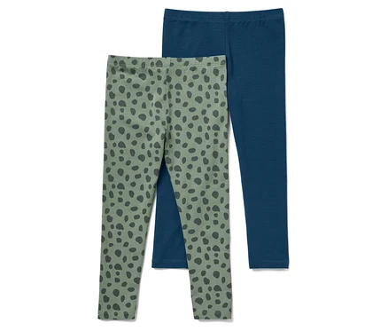 Zwei Leggings: eine olivgrüne mit dunkelgrauem Fleckenmuster und eine marineblaue.