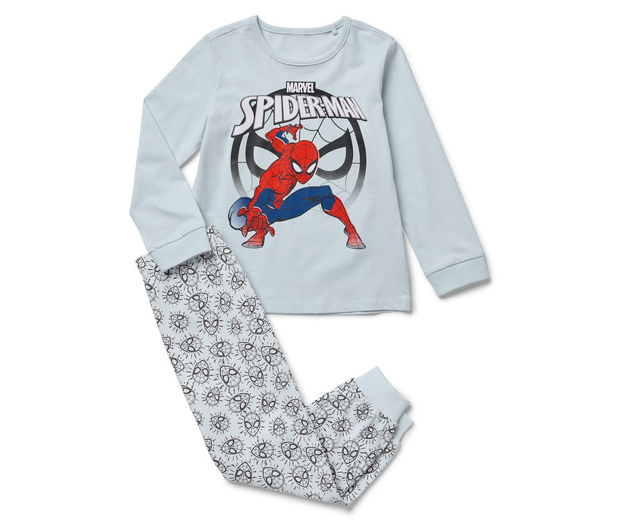 Heller Schlafanzug mit Spiderman-Langarm-Oberteil und Hose mit Spiderman-Masken.
