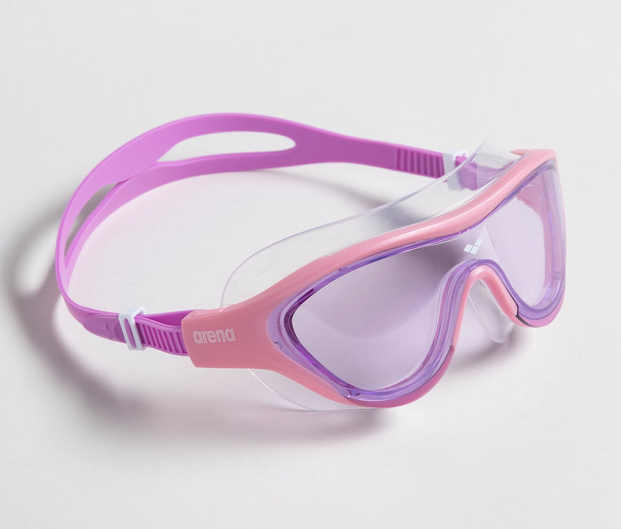 Eine pinke arena Junior Kinder-Schwimmbrille The One Mask liegt auf einem weißen Hintergrund.