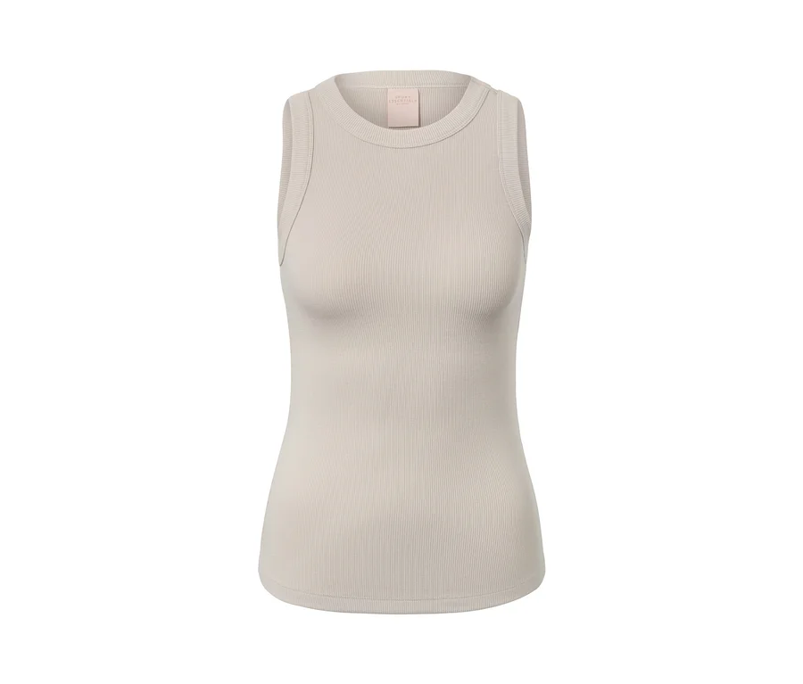 Detailaufnahme eines cremefarbenen Sporttops aus einem zweiteiligen Set.