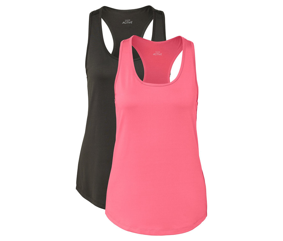 Zwei Funktionstops, eins in Rosa und eins in Olivgrün.