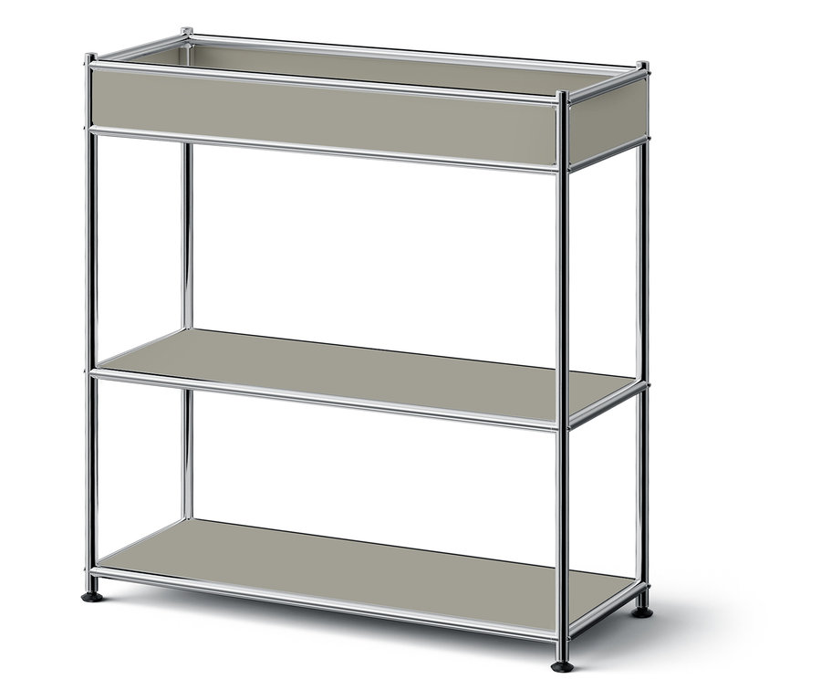 Dreistöckiges Regal mit Metallrahmen und grauen Regalböden.