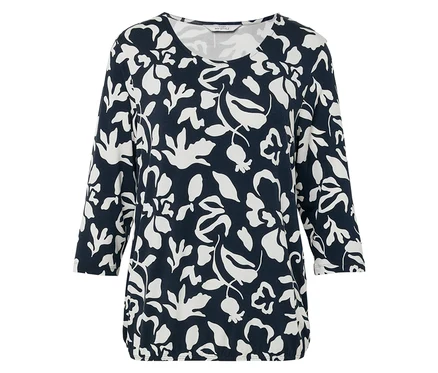 Damen-Top mit Dreiviertelärmeln, marineblau mit weißen Blumenmustern.