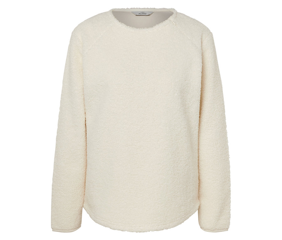Ein cremefarbener Fleece-Pullover mit langen Ärmeln.