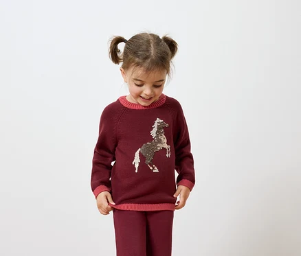 Mädchen mit Zöpfen trägt einen bordeauxroten Pullover mit Pferd und eine bordeauxrote Hose.