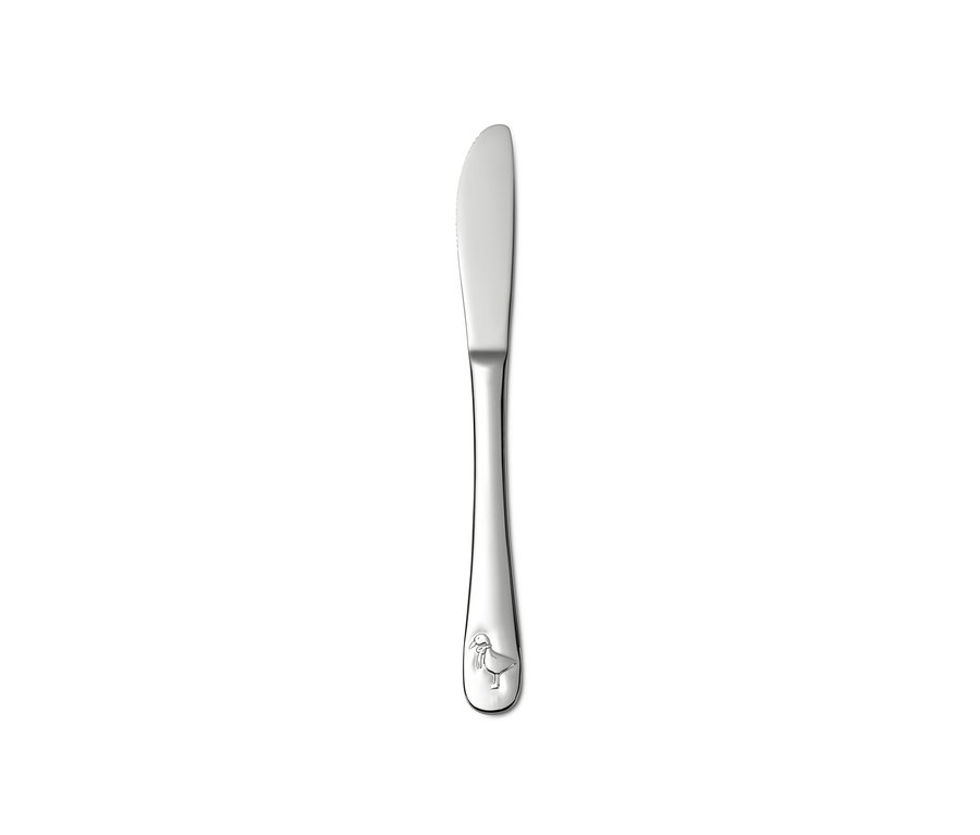 Messer aus Kinder-Besteck-Set, 3-teilig, mit silbernem Griff und Entenbild.