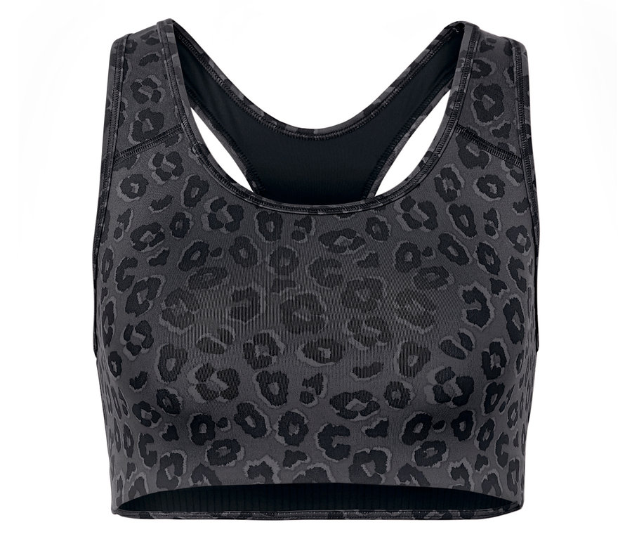 Detailaufnahme eines grauen Sport-BHs mit Tiermuster.