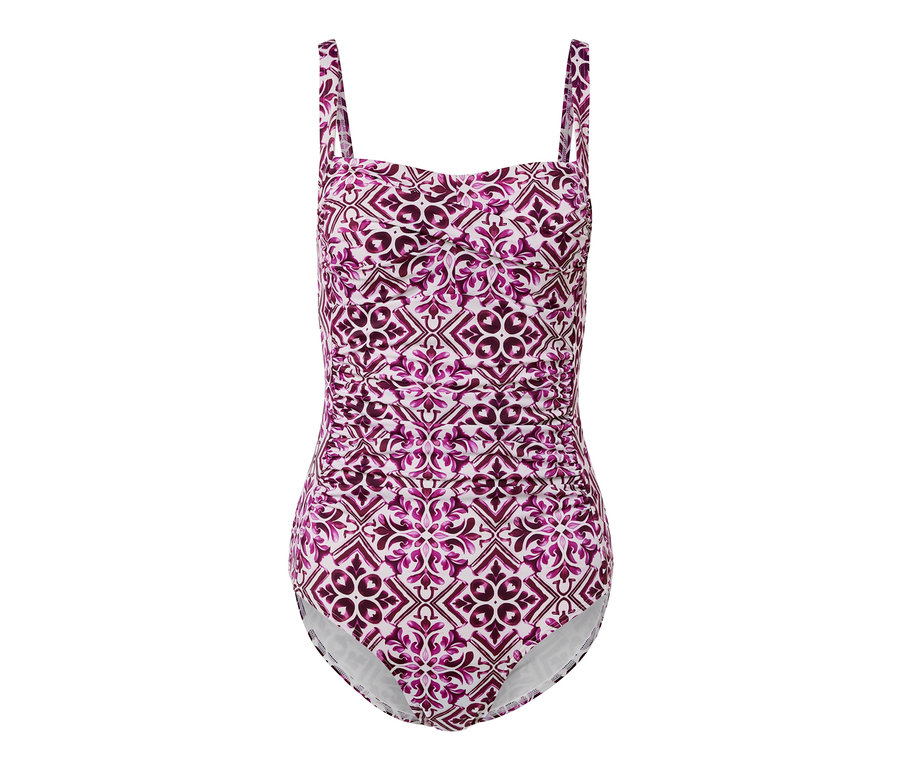 Beerefarben-weißer, figurformender Badeanzug mit Muster.