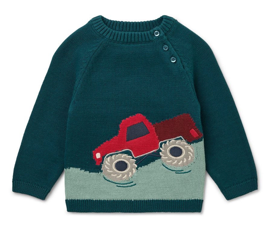 Grüner Pullover mit rotem Monstertruck.