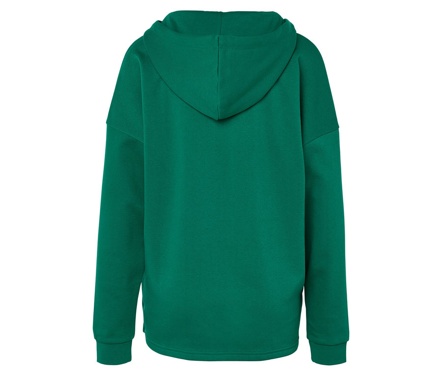 Rückansicht eines grünen Kapuzenpullovers.
