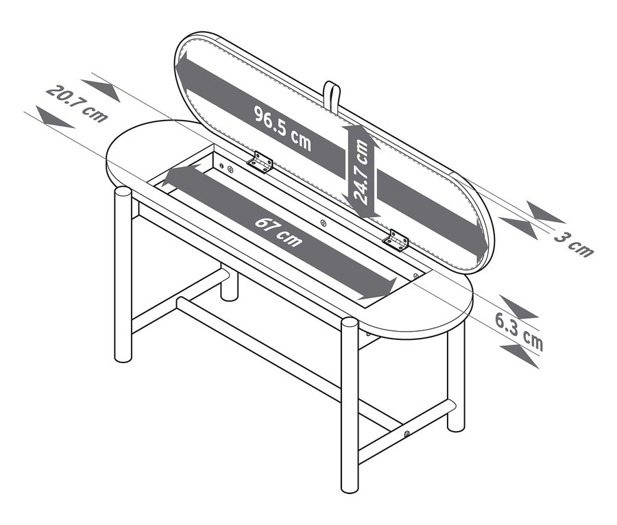 Illustration einer Bank mit Stauraum, offenem Deckel und hervorgehobenen Abmessungen.