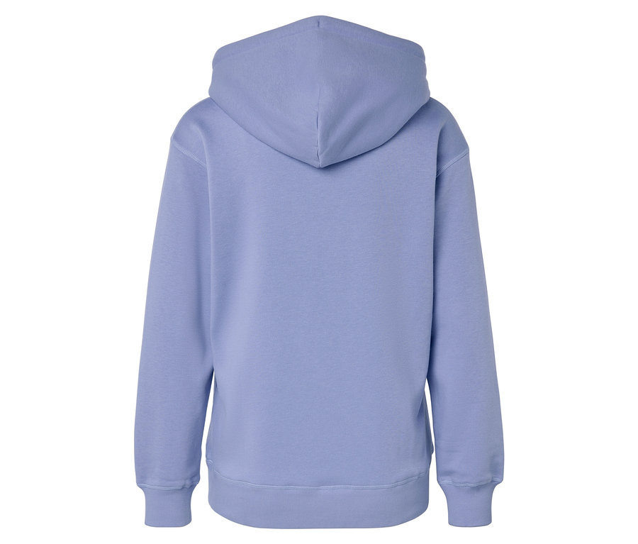 Rückansicht eines hellvioletten Kapuzenpullovers.