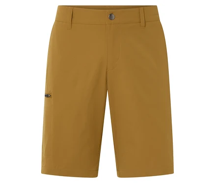 Eine einzelne, ockerfarbene Shorts, die von vorne auf einem weißen Hintergrund aufgenommen wurde.